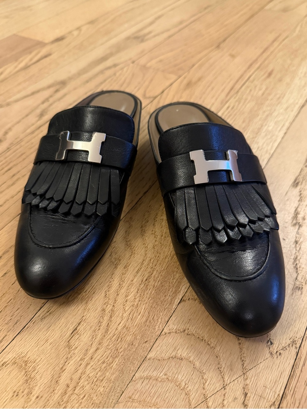 Hermes Black Leather Fringe Loafers with Silver Hardware - Picture 8 of 8